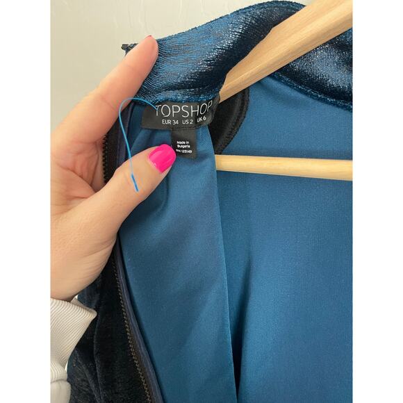 TopShop Teal Mock Neck Wet Look Velvet Long Sleeve Dress - 2 - Picture 6 of 8